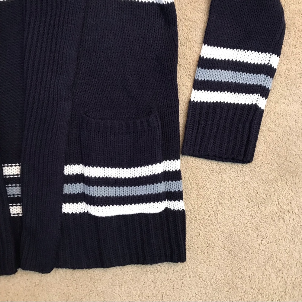 Pink Republic Knit Cardigan Sweater Size L Dark Blue White Pockets FLAW - Picture 6 of 10